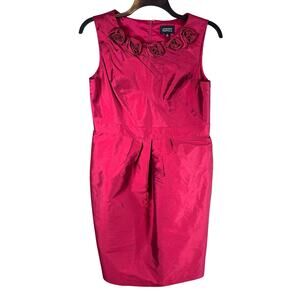 Adrianna Papell Rosette Pleated Red Cocktail Dress Women's 14 Party Holiday Glam